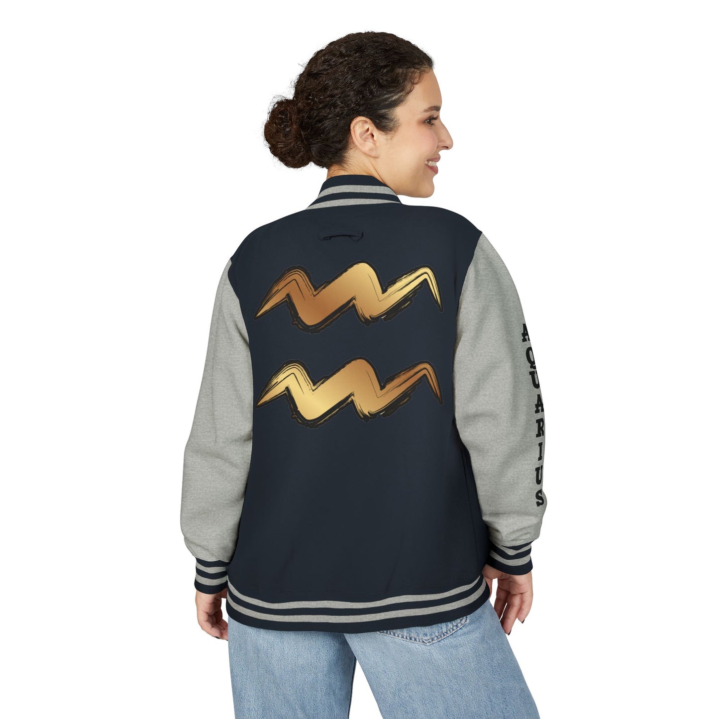 Unisex Heavyweight Aquarian Letterman Jacket, Personalized Varsity Style, Gift for Aquarius Birthdays, Trendy Fashion Statement, [...]